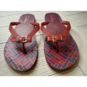 Cole Haan Womens Red Geometric‎ Gold Buckle Flip Flop Sandals -Size 9
